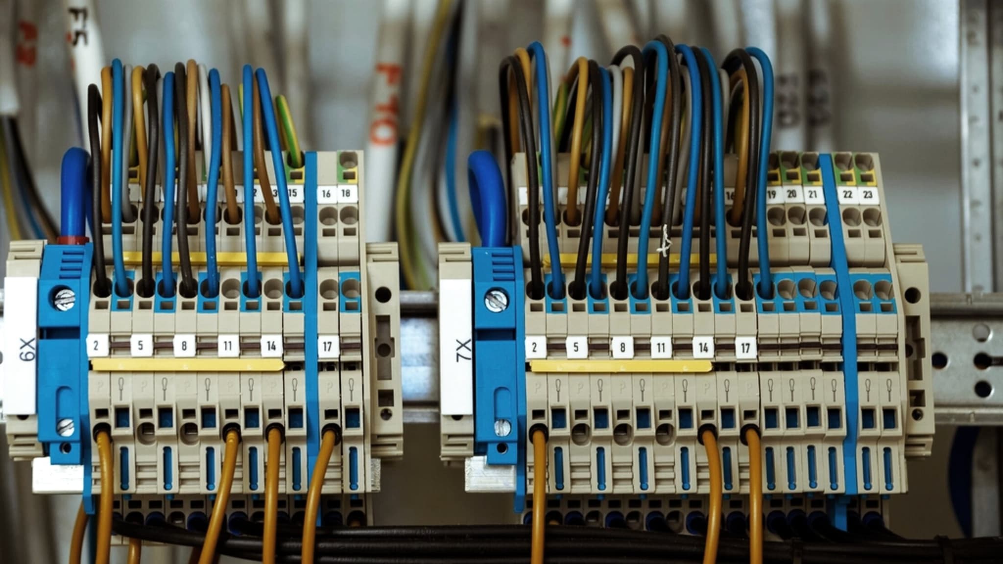 DIN rail terminals and field wiring in a control panel